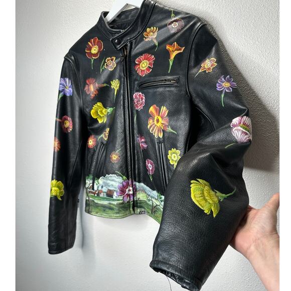Libertine Hand-Painted Floral Skull Black Leather Moto Jacket M - Picture 5 of 16